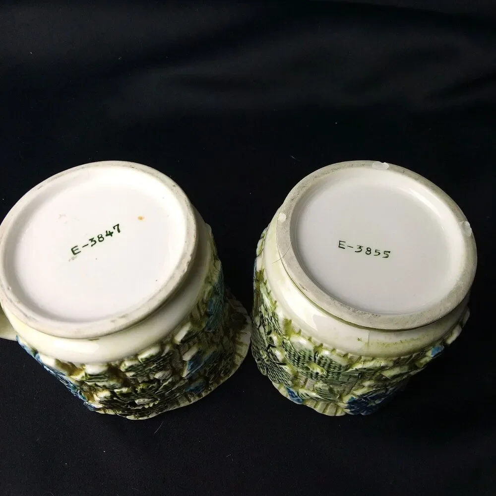 Inarco Vintage Cream and Covered Sugar Bowl Blue and Green Raised Daises